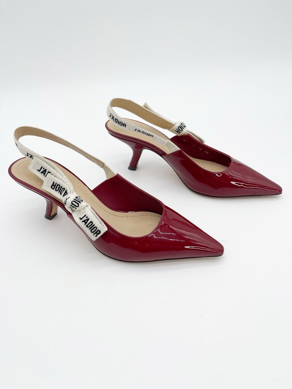Christian Dior J'Adior Burgundy Patent Leather Slingback Kitten Heel Pumps EU 38